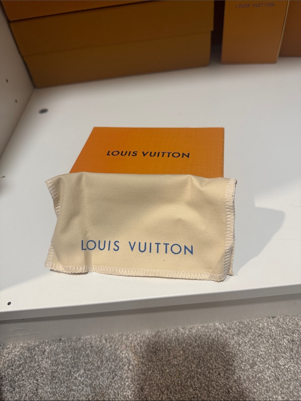 LV  Beige Protective Cloth Pouch and box  with Blue Logo